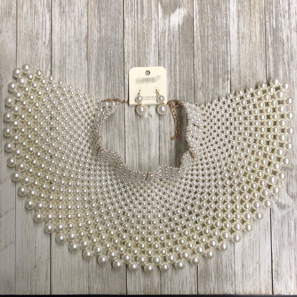 Pearl Bib Necklace and Earrings Set